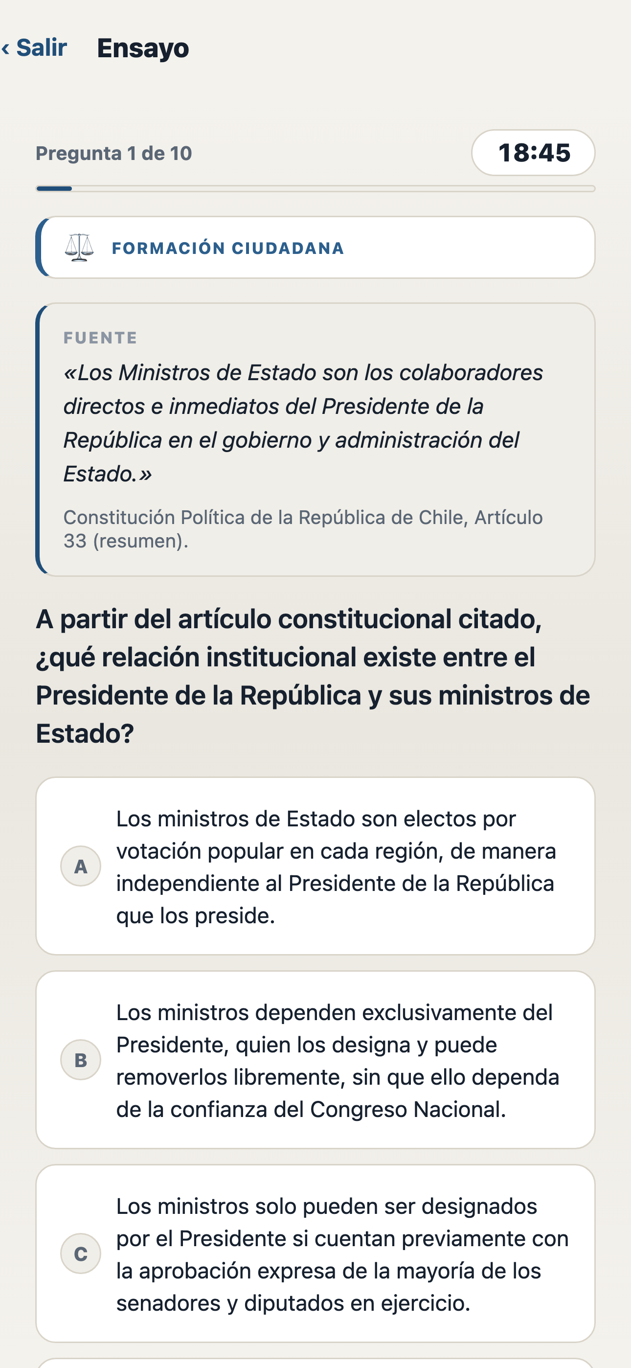 Pantalla de ensayo